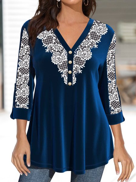 

V Neck Regular Fit Casual Top, Blue, Tops