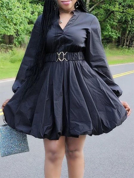 

Shirt Collar Urban Regular Fit Plain Daily Dress, Black, Mini Dresses