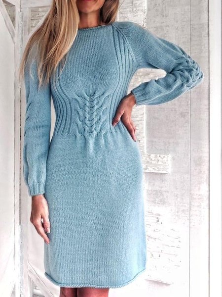 

Yarn/Wool Yarn Casual Plain Crew Neck Dress, Blue, Dresses