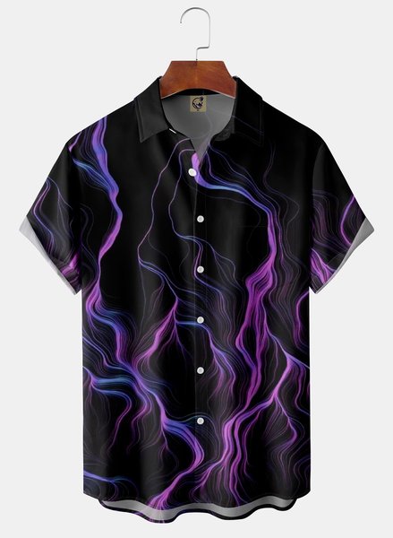 

3D Flame Chest Pocket Short Sleeve Casual Shirt, Black, Men Shirts