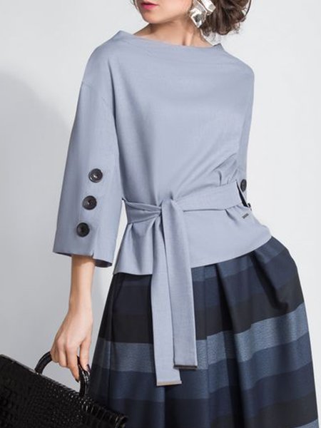 

Buttoned Plain Urban Crew Neck Blouse, Gray, Blouses and Shirts