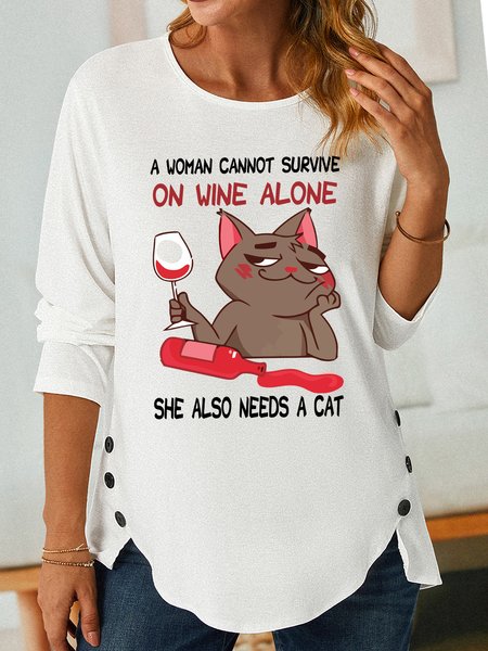 

Lilicloth X Manikvskhan A Woman Cannot Survive On Wine Alone She Also Needs A Cat Womens Long Sleeve T-Shirt, White, Long sleeves