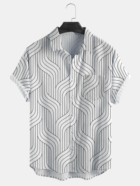 

Abstract Geometric line Printed Short Sleeve Casual Shirt, White, Men Shirts