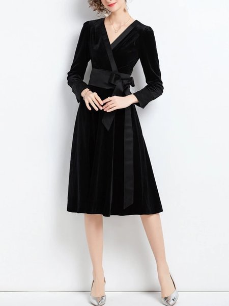 

V Neck Elegant Velvet Regular Fit Dress & Party Dress, Black, Midi Dresses