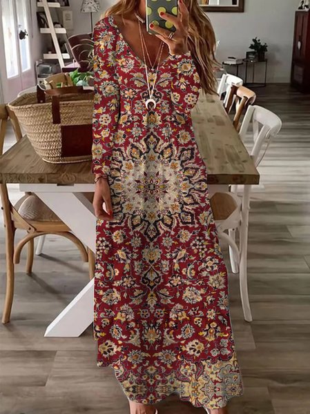 

V Neck Loose Casual Ethnic Dress, Multicolor, Dresses
