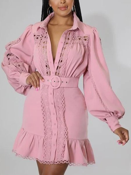 

Plain Regular Fit Elegant Shirt Collar Daily Dress, Pink, Mini Dresses