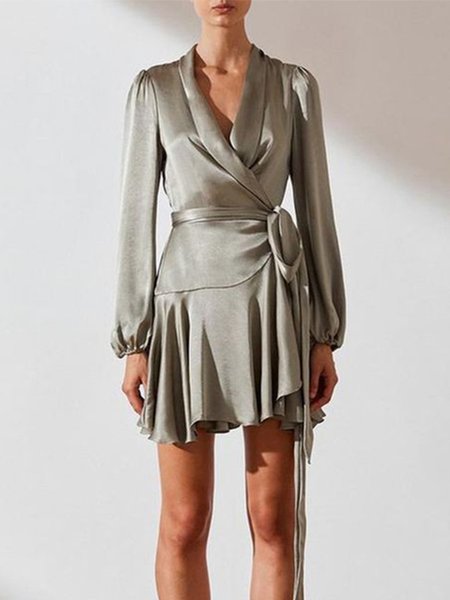 

Elegant Regular Fit Long sleeve No Elasticity Ruffled Skirt Party Dress, Gray, Midi Dresses