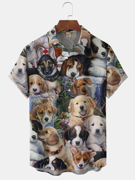

Dog Party Chest Pocket Short Sleeve Casual Shirt, Brown, Men Shirts