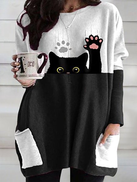 

Plus Size Crew Neck Casual Loose Jersey Dress, Black-white, Dresses