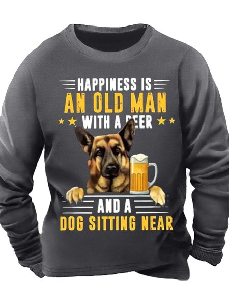 

Men's Happiness Is An Old Man With A Beer And A Dog Sitting Near Funny Graphic Print Casual Cotton-Blend Loose Text Letters Sweatshirt, Gray, Hoodies&Sweatshirts