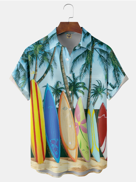 

Coconut Tree Surfboard Chest Pocket Short Sleeve Shirt, Blue, Short Sleeve Shirts