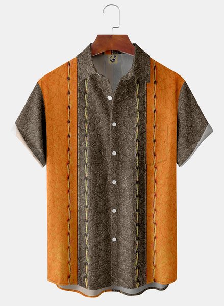 

Leather Texture Chest Pocket Short Sleeve Bowling Shirt, Deep khaki, Men Shirts