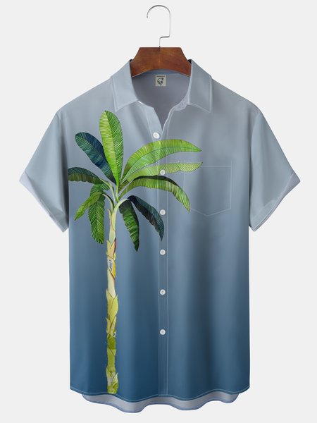 

Gradient Palm Tree Chest Pocket Short Sleeve Vacation Shirt, Blue, Short Sleeve Shirts
