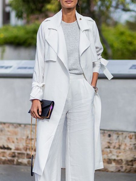 

Plain Lapel Collar Loose Urban Trench Coat, White, Coats