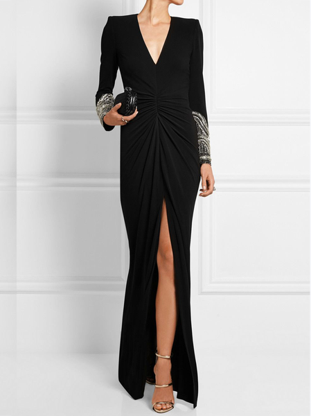 

V Neck Elegant Hot Drilling Regular Fit Dress & Party Dress, Black, Maxi Dresses