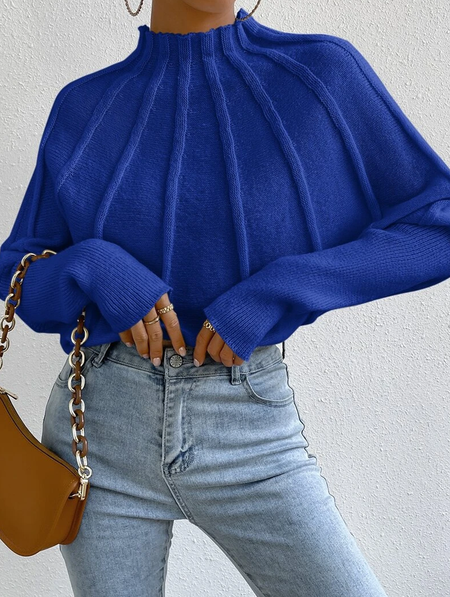 Half Turtleneck Casual Plain Sweater, Blue, Sweaters
