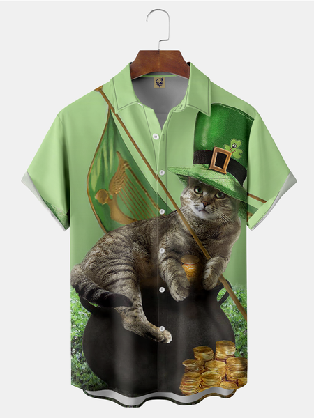 

St. Patrick's Day Cat Chest Pocket Short Sleeve Shirt, Green, Short Sleeve Shirts