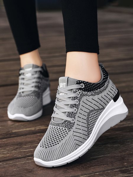 

Breathable Mesh Fabric Wedge Heel Lace-Up Sneakers, Gray, Sneakers