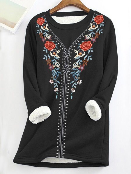 

Boho Fluff/Granular Fleece Fabric Crew Neck Loose Sweatshirt, Black, Hoodies & Sweatshirts