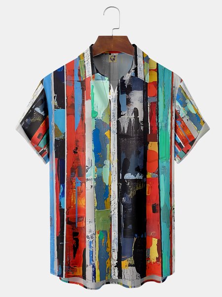 

Striped Oil Painting Chest Pocket Short Sleeve Casual Shirt, Red, Men Shirts