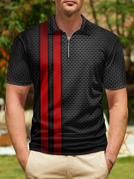 

3D Geometric Gradient Zip Short Sleeve Polo Shirt, Black, Polo Shirts