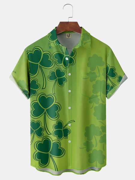 

St. Patrick's Day Shamrock Chest Pocket Short Sleeve Shirt, Green, Men Shirts