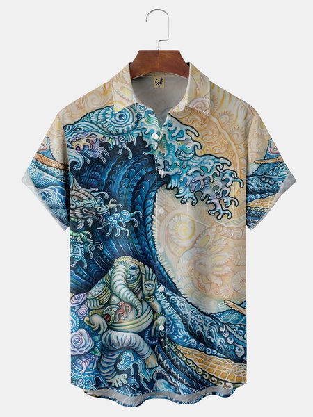 

Ukiyo-e Wave Chest Pocket Short Sleeve Hawaiian Shirt, Blue, Men Shirts