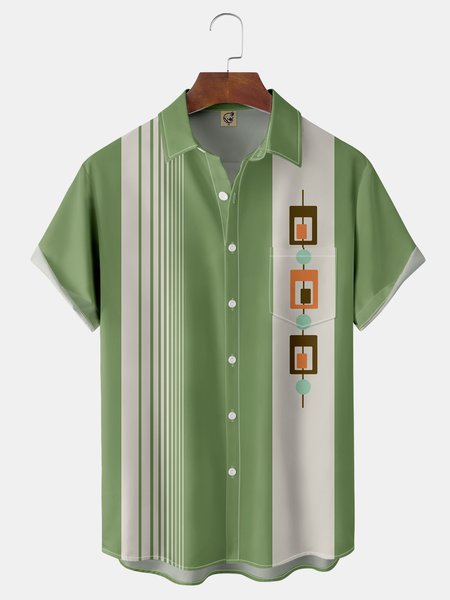 

Mid Century Vintage Geometric Chest Pocket Short Sleeve Bowling Shirt, Aqua, Men Shirts