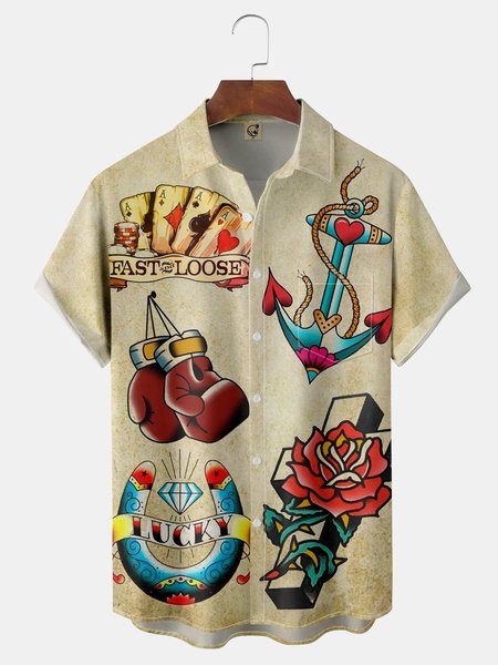 

Tattoo Chest Pocket Short Sleeve Hawaiian Shirt, Khaki, Men Shirts