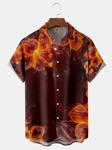 

Flame Flower Chest Pocket Short Sleeve Shirt, Red, Men Shirts