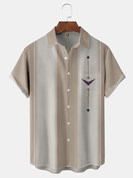 

Mid Century Vintage Geometric Chest Pocket Short Sleeve Bowling Shirt, Khaki, Men Shirts