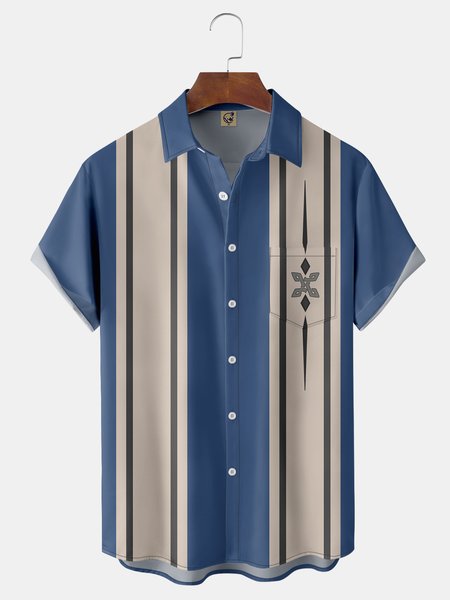 

Mid Century Vintage Geometric Chest Pocket Short Sleeve Bowling Shirt, Royal blue, Men Shirts