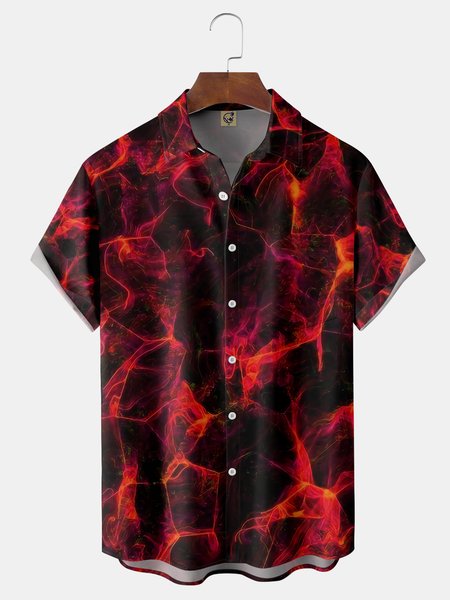 

3D Flame Chest Pocket Short Sleeve Casual Shirt, Red, Men Shirts