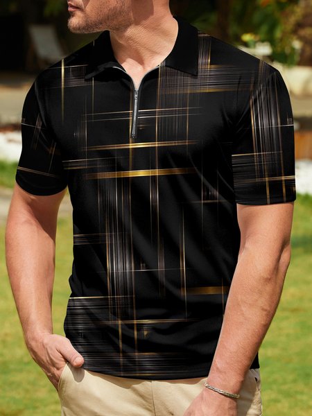 

3D Gradient Black Gold Abstract Line Zipper Short Sleeve Polo Shirt, Polo Shirts