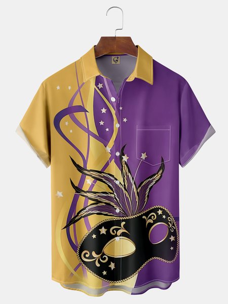

Mardi Gras Carnival Mask Chest Pocket Short Sleeve Casual Shirt, Purple, Men Shirts