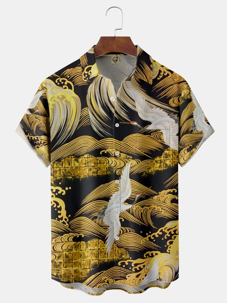 

Japanese Ukiyo-e Crane Chest Pocket Short Sleeve Hawaiian Shirt, Golden, Men Shirts