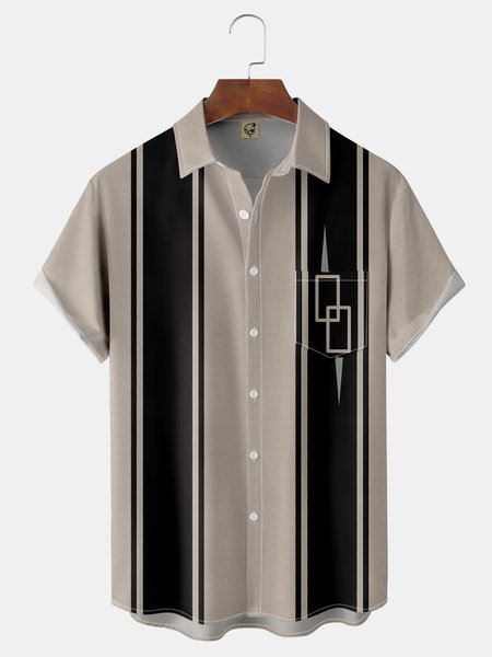 

Mid Century Vintage Geometric Chest Pocket Short Sleeve Bowling Shirt, Khaki, Men Shirts