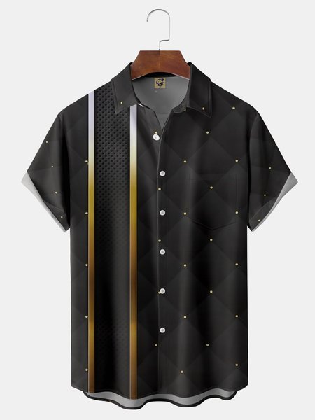 

Diamond Check Chest Pocket Short Sleeve Bowling Shirt, Black, Men Shirts