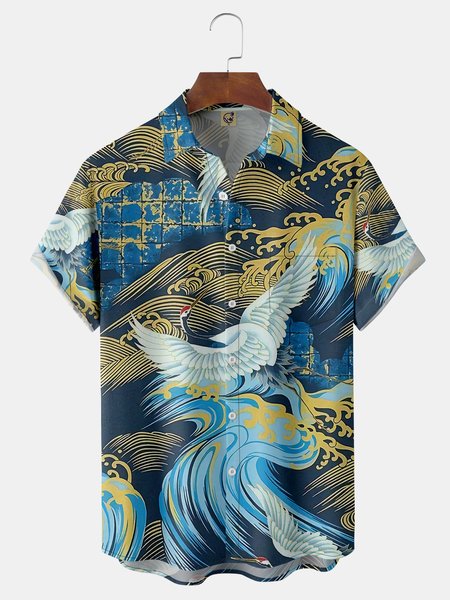 

Japanese Ukiyo-e Crane Chest Pocket Short Sleeve Hawaiian Shirt, Blue, Men Shirts