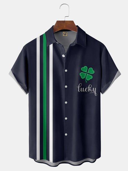 St Patrick‘s Day Lucky Shamrock Chest Pocket Short Sleeve Bowling Shirt, Blue, Short Sleeve Shirts