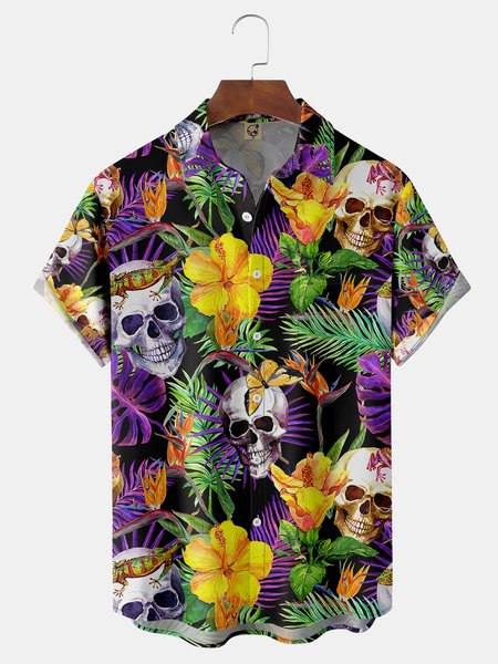 

Skull Chest Pocket Short Sleeve Hawaiian Shirt, Purple, Men Shirts