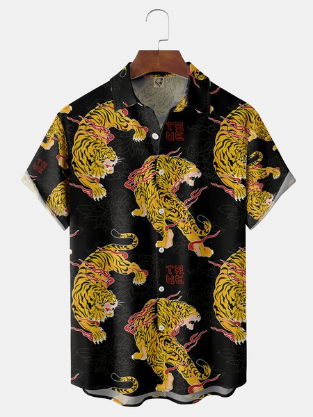 

Japanese Ukiyo-e Tiger Chest Pocket Short Sleeve Shirt, Black, Men Shirts
