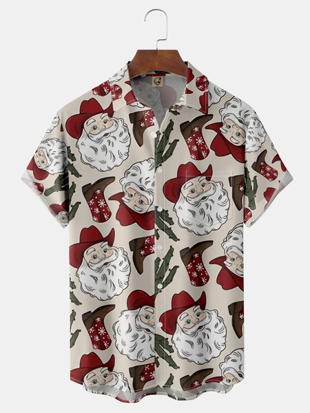 

Christmas Cowboy Santa Claus Chest Pocket Short Sleeve Casual Shirt, Khaki, Men Shirts