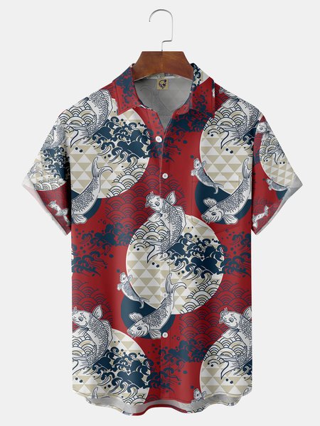 

Ukiyo-e Fish Chest Pocket Short Sleeve Shirt, Red, Men Shirts
