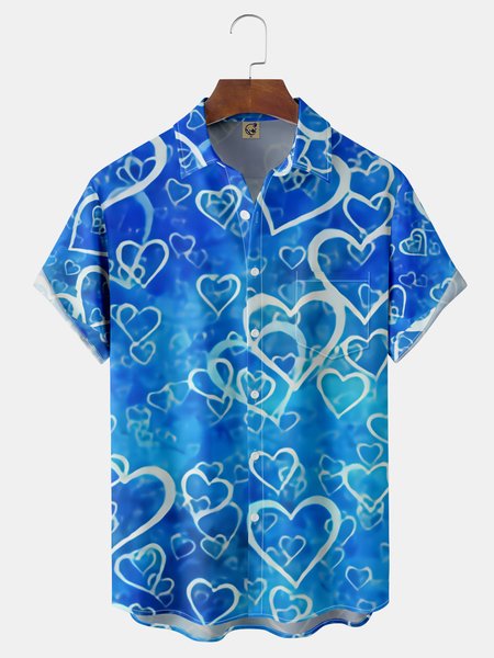 

St Valentine‘s Day Hearts Chest Pocket Short Sleeve Shirt, Blue, Men Shirts