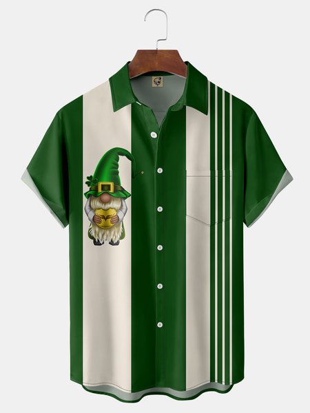 

St Patrick‘s Day Gnome Chest Pocket Short Sleeve Bowling Shirt, Green, Men Shirts