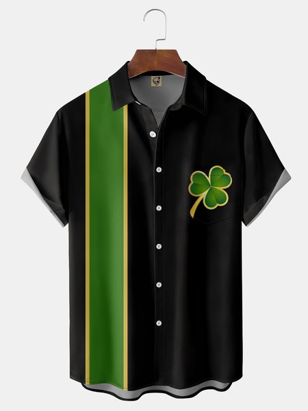 St Patrick‘s Day Shamrock Chest Pocket Short Sleeve Bowling Shirt, Black, Short Sleeve Shirts