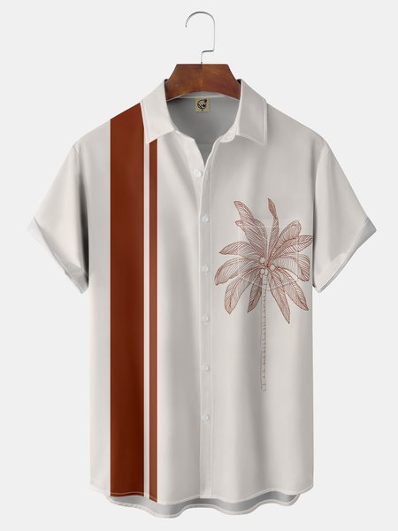 

Coconut Tree Chest Pocket Short Sleeve Bowling Shirt, Khaki, Men Shirts