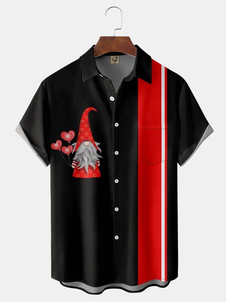 St Valentine's Day Gnome Heart Chest Pocket Short Sleeve Bowling Shirt