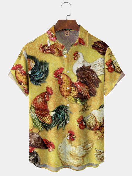 

Japanese Art Ukiyoe Cock Chest Pocket Short Sleeve Hawaiian Shirt, Yellow, Short Sleeve Shirts